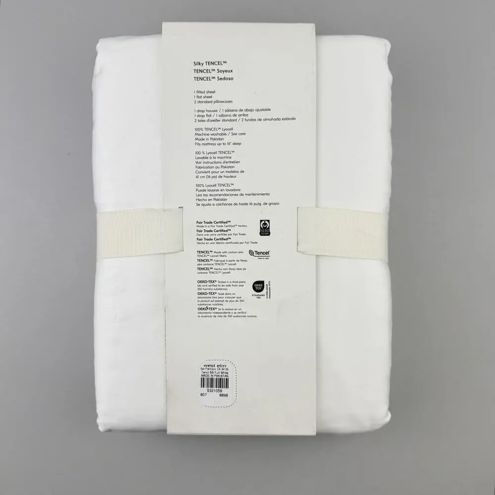 West Elm Silky TENCEL Sheet Set FULL / DOUBLE White Lyocell Deep Pocket New